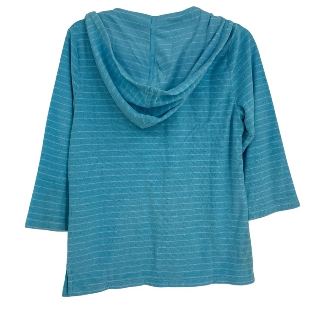 J.CREW NWT Top Womens Size M Terry Striped Hoodie 3/4 Sleeve Pullover blue